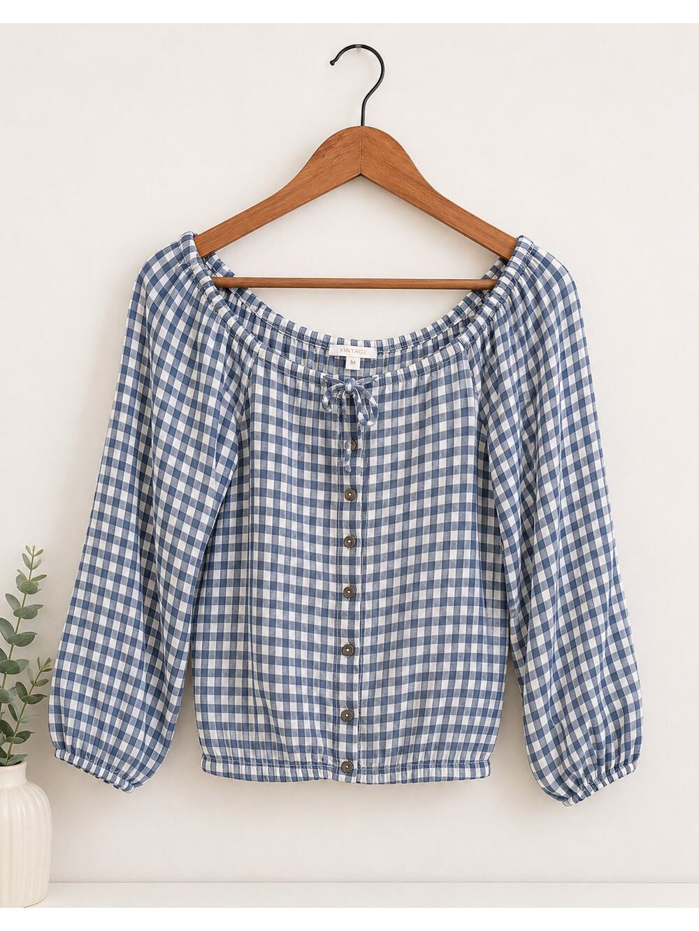 Western Blue and White Plaid Womens Blouse Size S Prairie Gingham Country Ranch